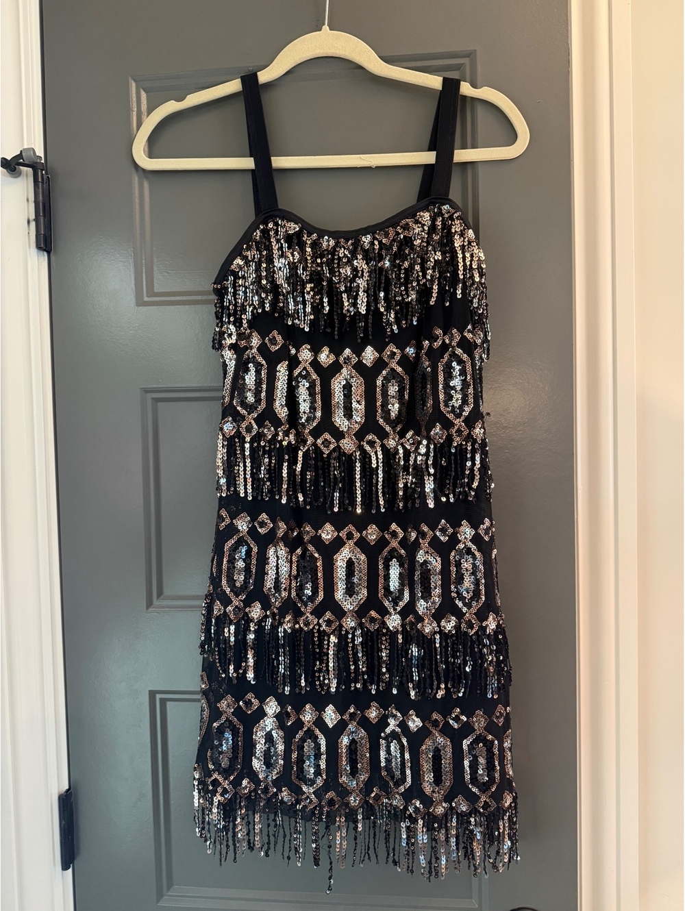 Weissman Black Sequin Mini Dress costume with Fringe Detailing